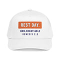 Rest Day Cap, White, front view, REST DAY. NON-NEGOTIABLE. Genesis 2:2 (KJV)