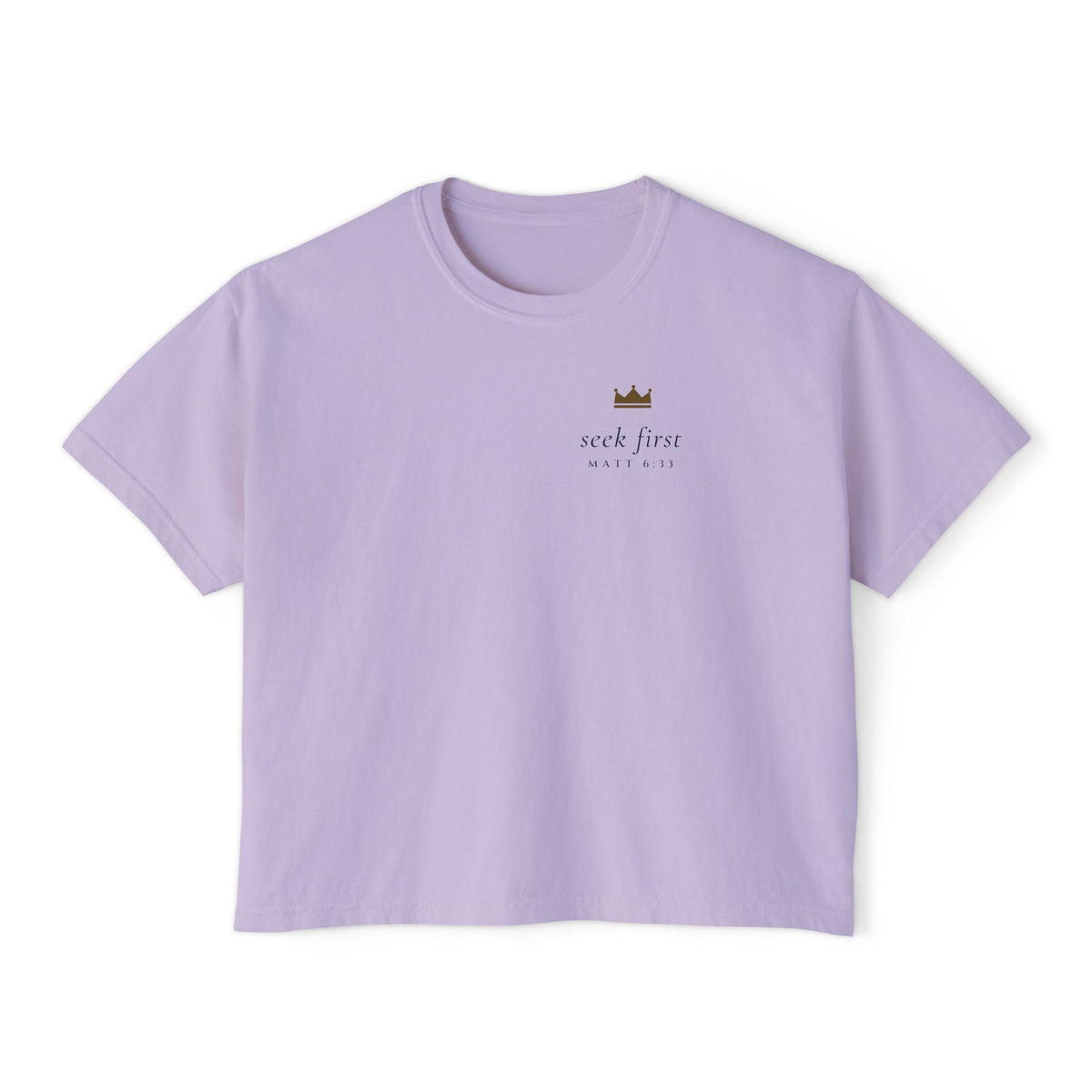 Seek First Minimal Crop Tee, t-shirt, Orchid, front view, SEEK FIRST., Matthew 6:33 (KJV)