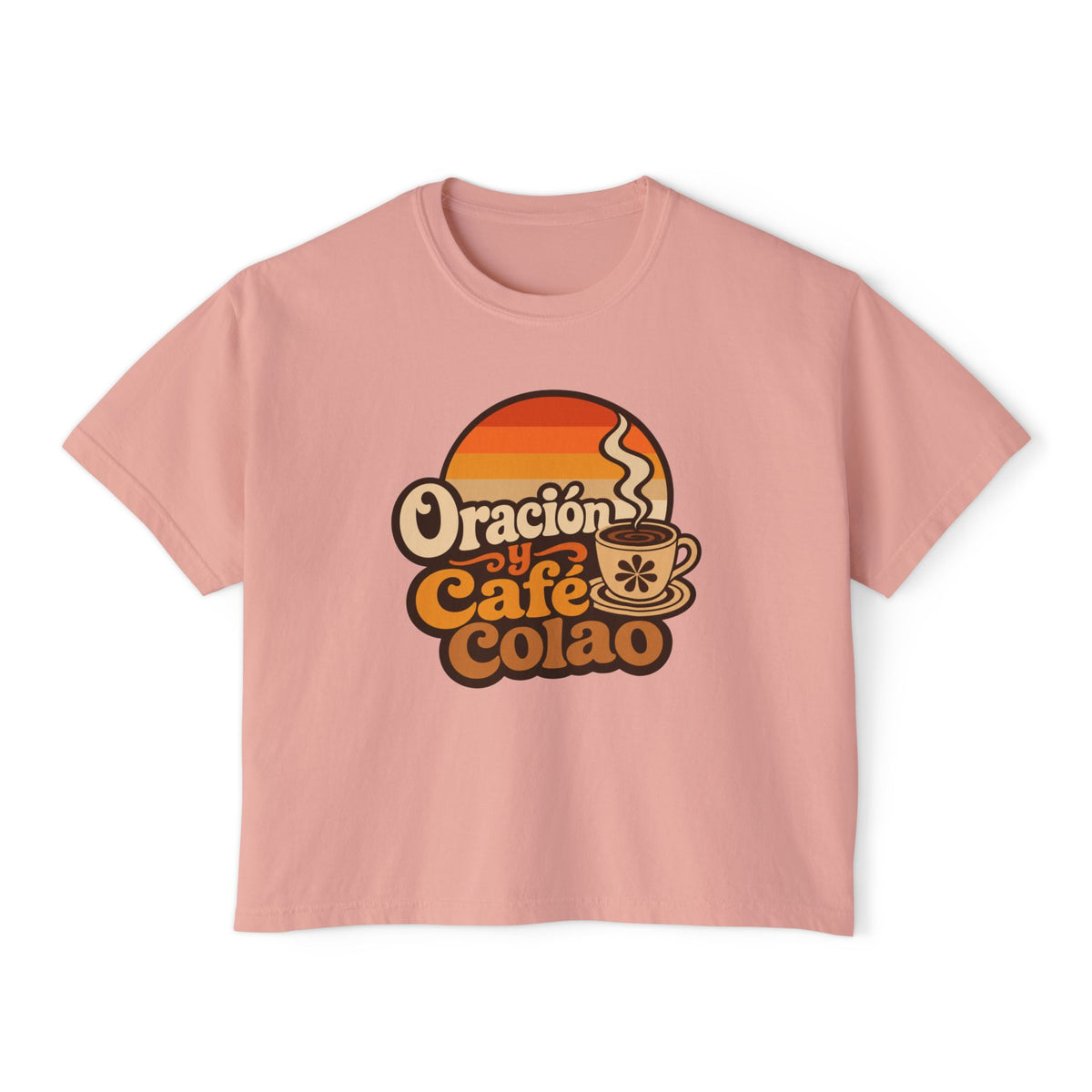 Oración y Café Colao Crop Tee, crop t-shirt, Peachy, front view, ORACIÓN Y CAFÉ COLAO., Psalm 5:3 (KJV)