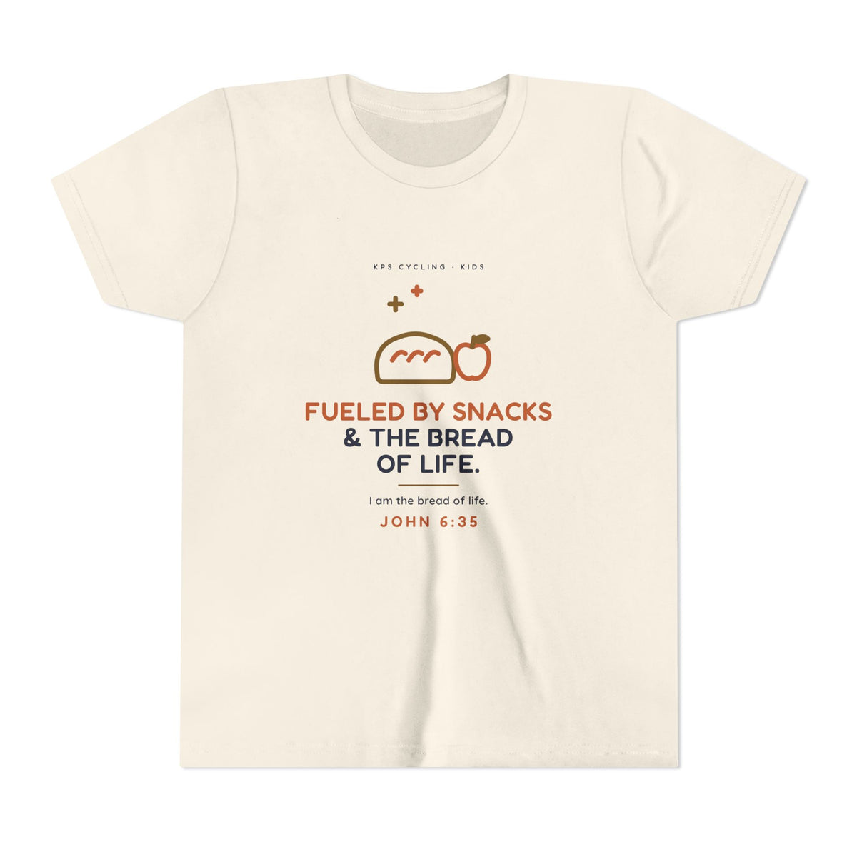 Fueled by Snacks & the Bread of Life Youth Tee, Natural, front view, FUELED BY SNACKS & THE BREAD OF LIFE. John 6:35 (KJV)