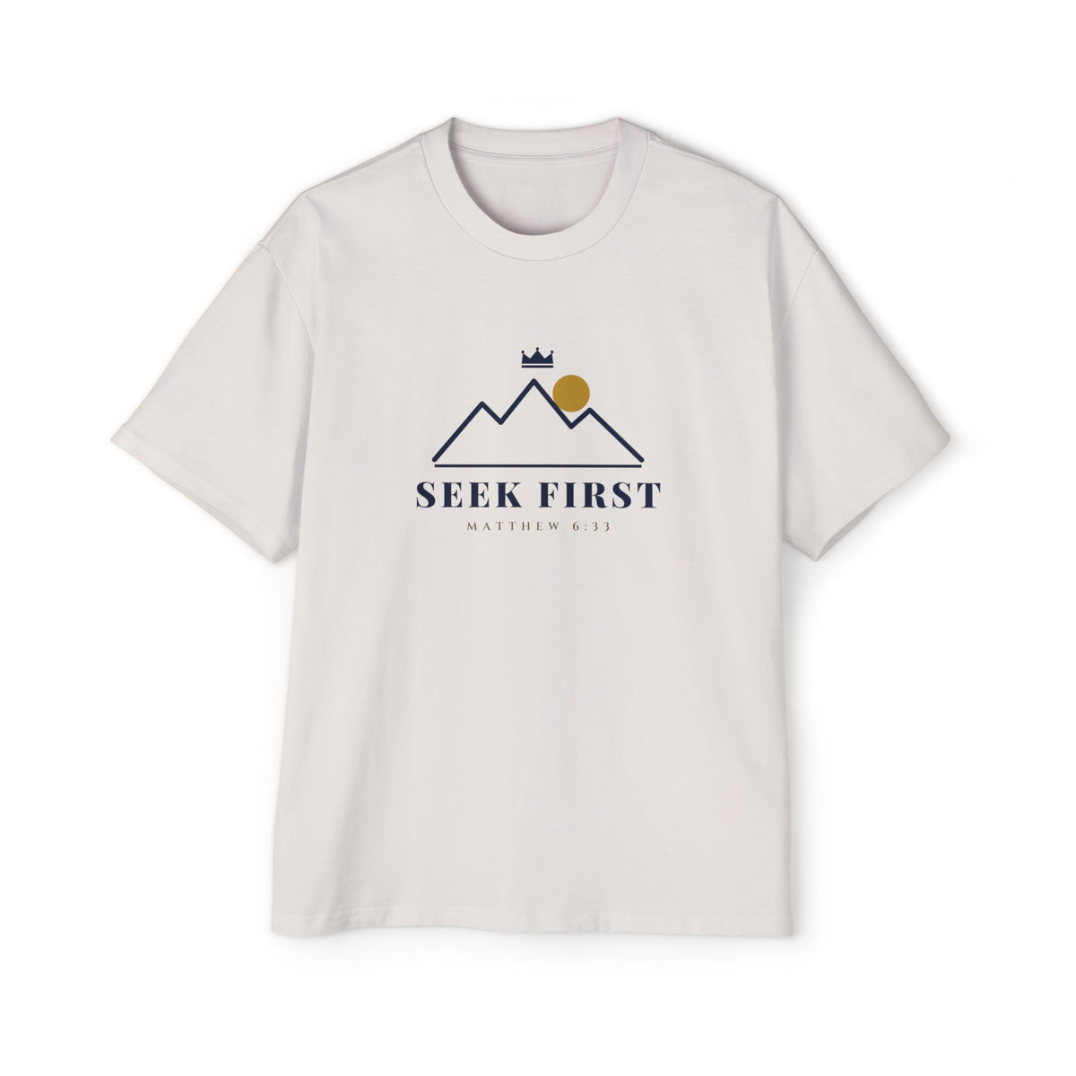 Seek First Mountain Oversized Tee, t-shirt, Faded Bone, front view, SEEK FIRST., Matthew 6:33 (KJV)