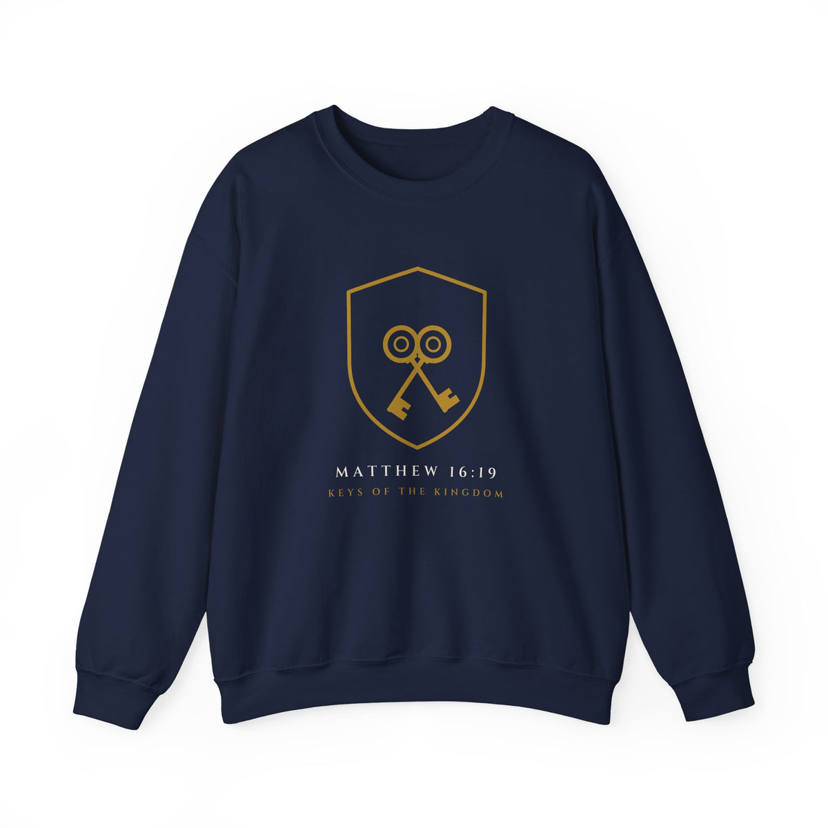 Crossed Keys Crewneck, sweatshirt, Navy, front view: gold shield with crossed keys, MATTHEW 16:19 and KEYS OF THE KINGDOM, Matthew 16:19 (KJV)