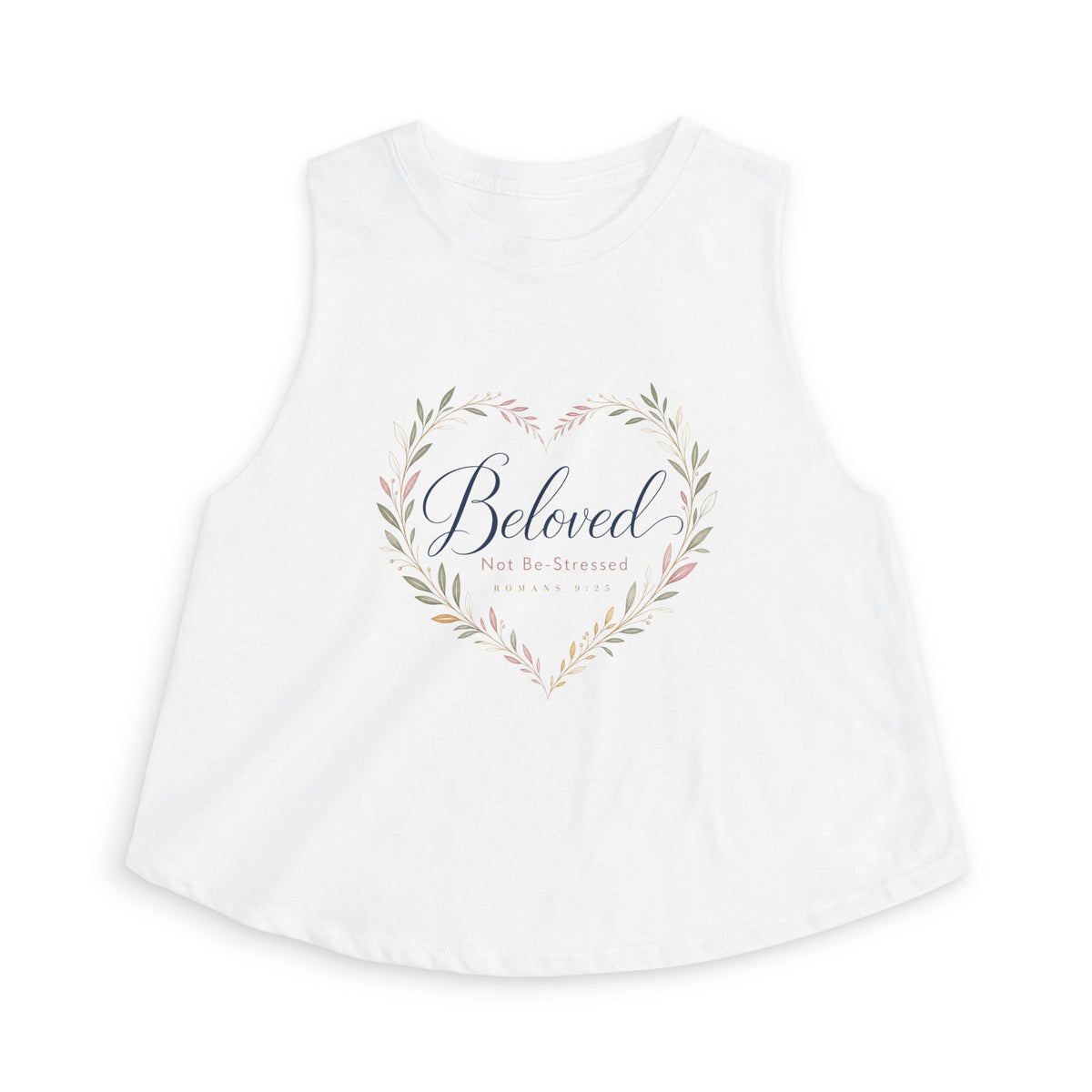 Beloved Crop Tank, crop tank, Solid White Blend, front view, BELOVED. NOT BE-STRESSED., Romans 9:25 (KJV)