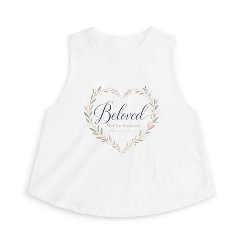 Beloved Crop Tank, crop tank, Solid White Blend, front view, BELOVED. NOT BE-STRESSED., Romans 9:25 (KJV)