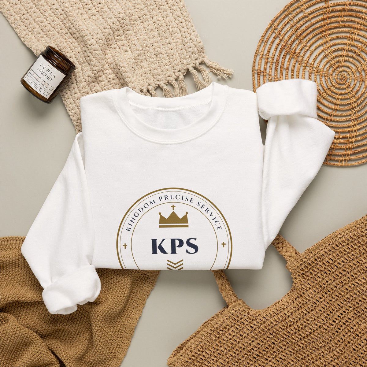 KPS Crest Crewneck, sweatshirt, White, front view, styled flat lay, SEEK FIRST THE KINGDOM., Matthew 6:33 (KJV)