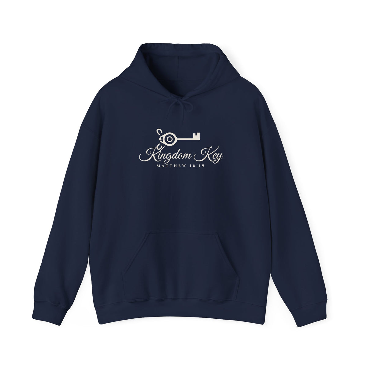 Kingdom Key Hoodie in Navy, front view: vintage key with Kingdom Key script and MATTHEW 16:19, Matthew 16:19 (KJV)