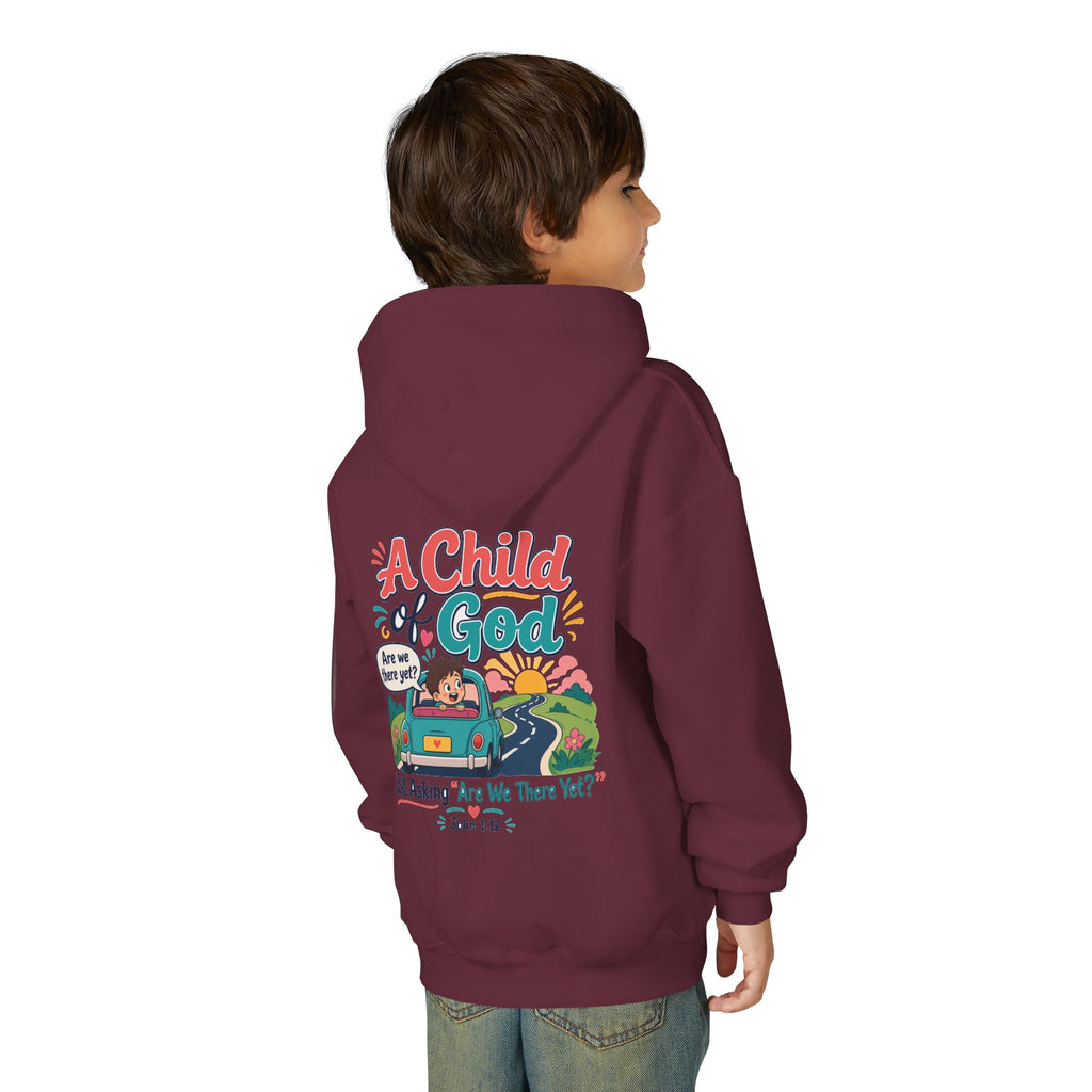Child of God Youth Hoodie, kids' hoodie, Maroon, back view, worn by a child, A CHILD OF GOD… STILL ASKING “ARE WE THERE YET?”, 1 John 3:2 (KJV)