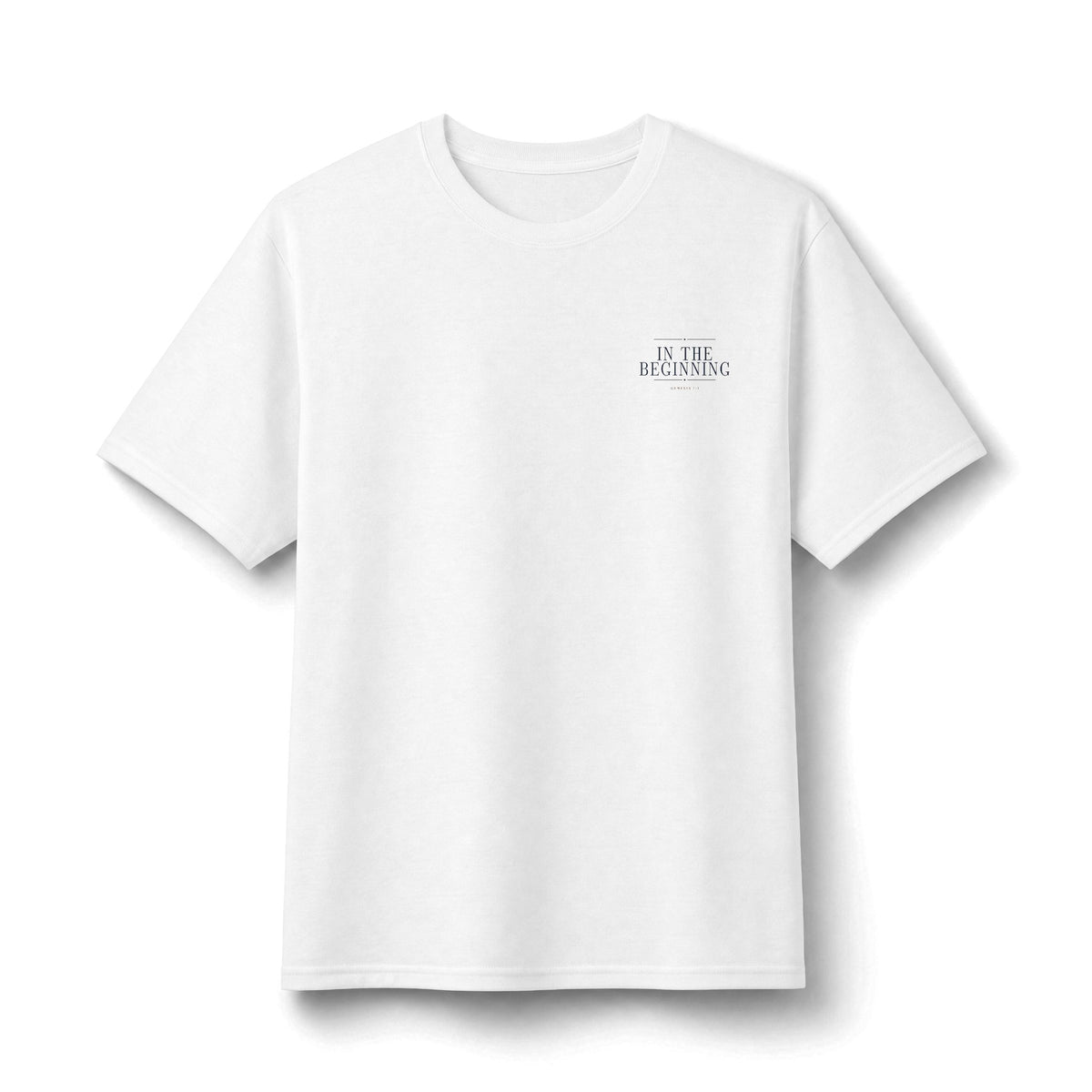 In The Beginning Tee in White, front view: small IN THE BEGINNING chest print, Genesis 1:1 (KJV)