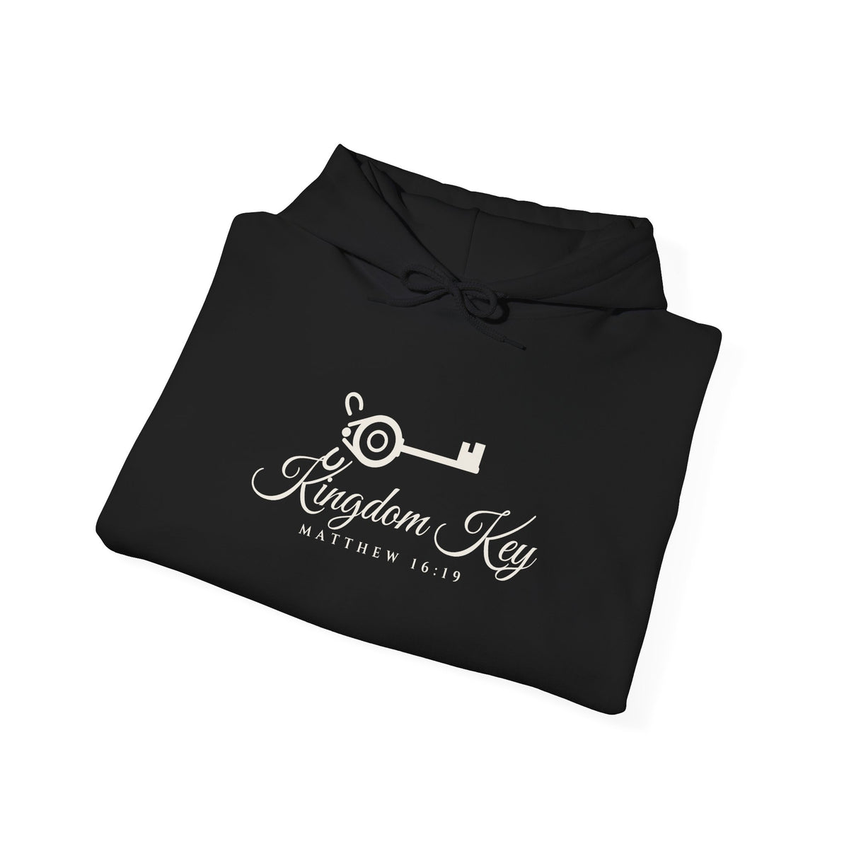 Kingdom Key Hoodie in Black, folded: Kingdom Key script and key chest print, Matthew 16:19 (KJV)