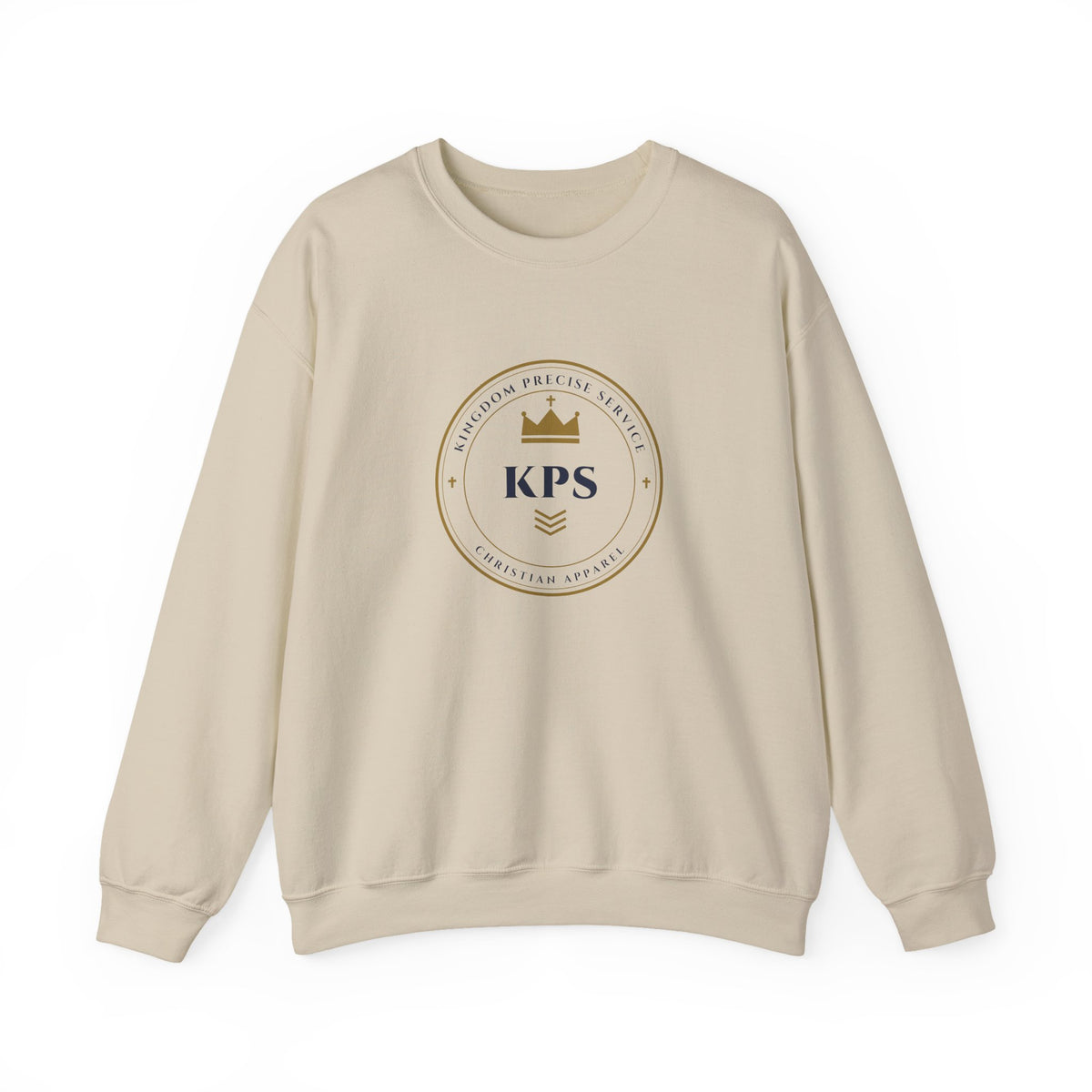 KPS Crest Crewneck, sweatshirt, Sand, front view, SEEK FIRST THE KINGDOM., Matthew 6:33 (KJV)