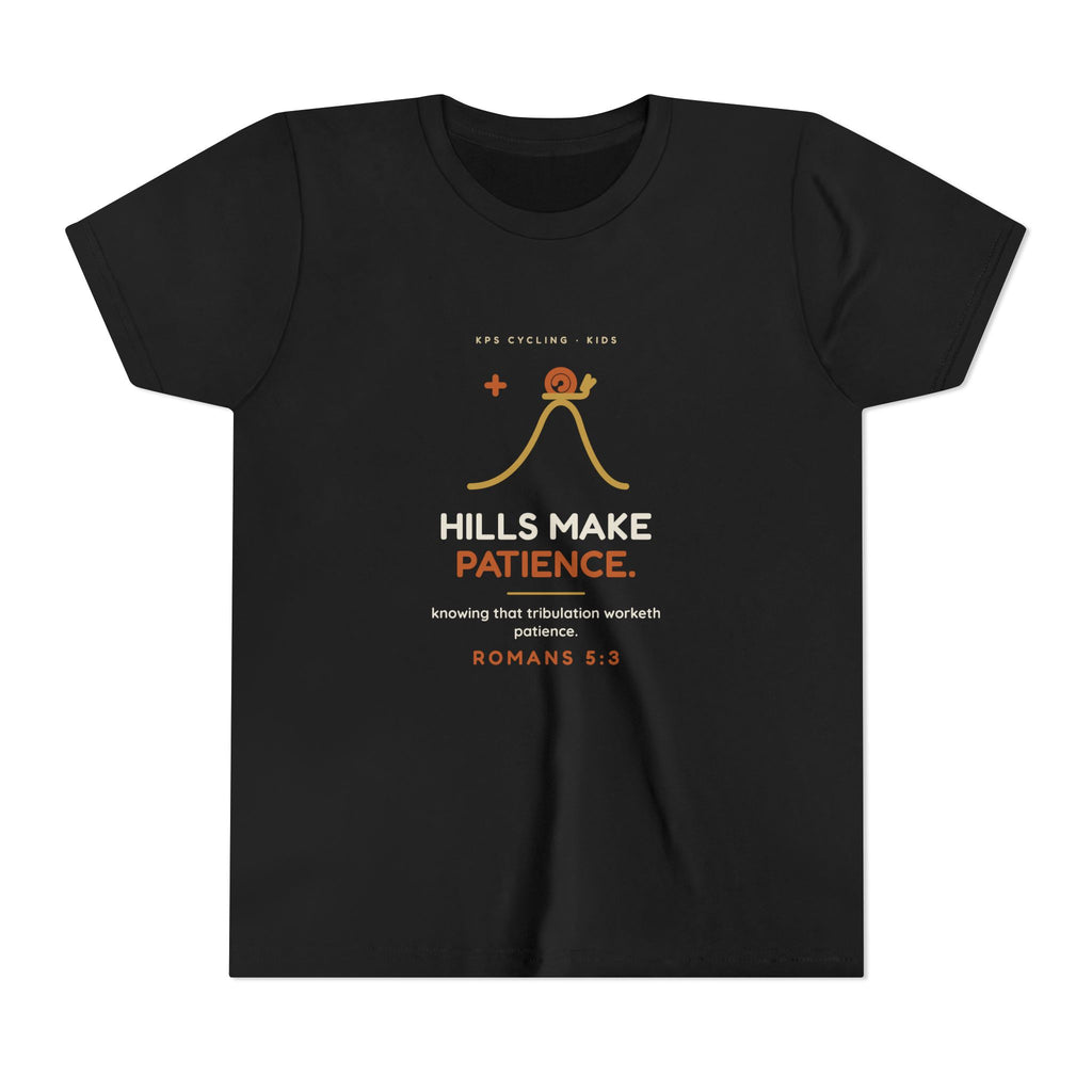 Hills Make Patience Youth Tee, Black, front view, HILLS MAKE PATIENCE. Romans 5:3 (KJV)