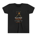 Hills Make Patience Youth Tee, Black, front view, HILLS MAKE PATIENCE. Romans 5:3 (KJV)