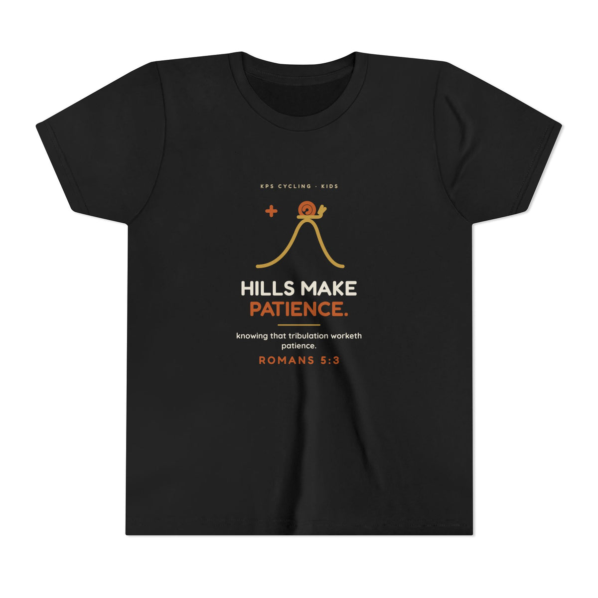 Hills Make Patience Youth Tee, Black, front view, HILLS MAKE PATIENCE. Romans 5:3 (KJV)
