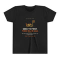 Seek Ye First, Then Race Dad Youth Tee, Black, front view, SEEK YE FIRST. THEN RACE DAD. Matthew 6:33 (KJV)