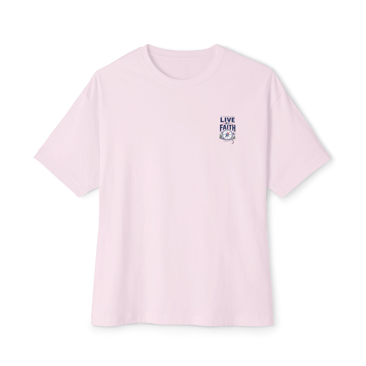 Live by Faith Compass Tee, t-shirt, Soft Pink, front view, small chest print, LIVE BY FAITH., Romans 1:17 (KJV)