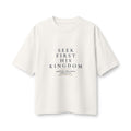 Seek First His Kingdom Women's Boxy Tee, Vintage White, front view, SEEK FIRST HIS KINGDOM., Matthew 6:33 (KJV)