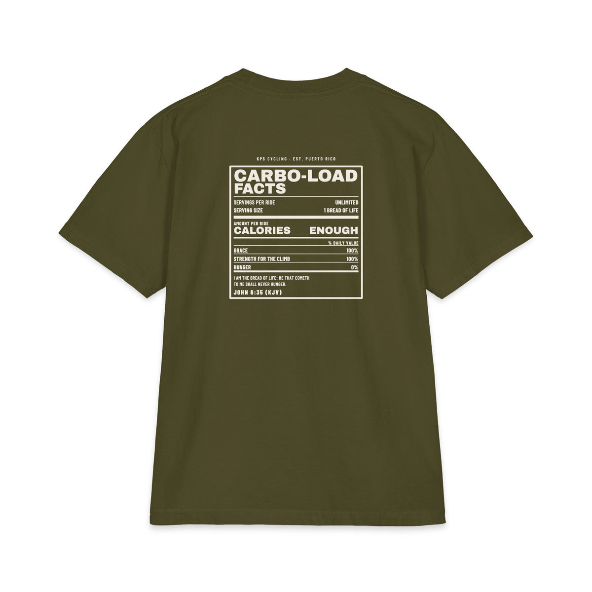Carbo-Load Facts Cycling Tee, Olive, back view, CARBO-LOAD FACTS. John 6:35 (KJV)