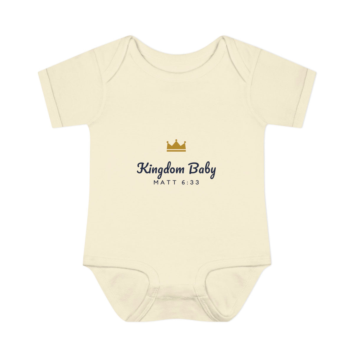 Kingdom Baby Bodysuit, baby bodysuit, Natural, front view, KINGDOM BABY with gold crown, Matthew 6:33 (KJV)