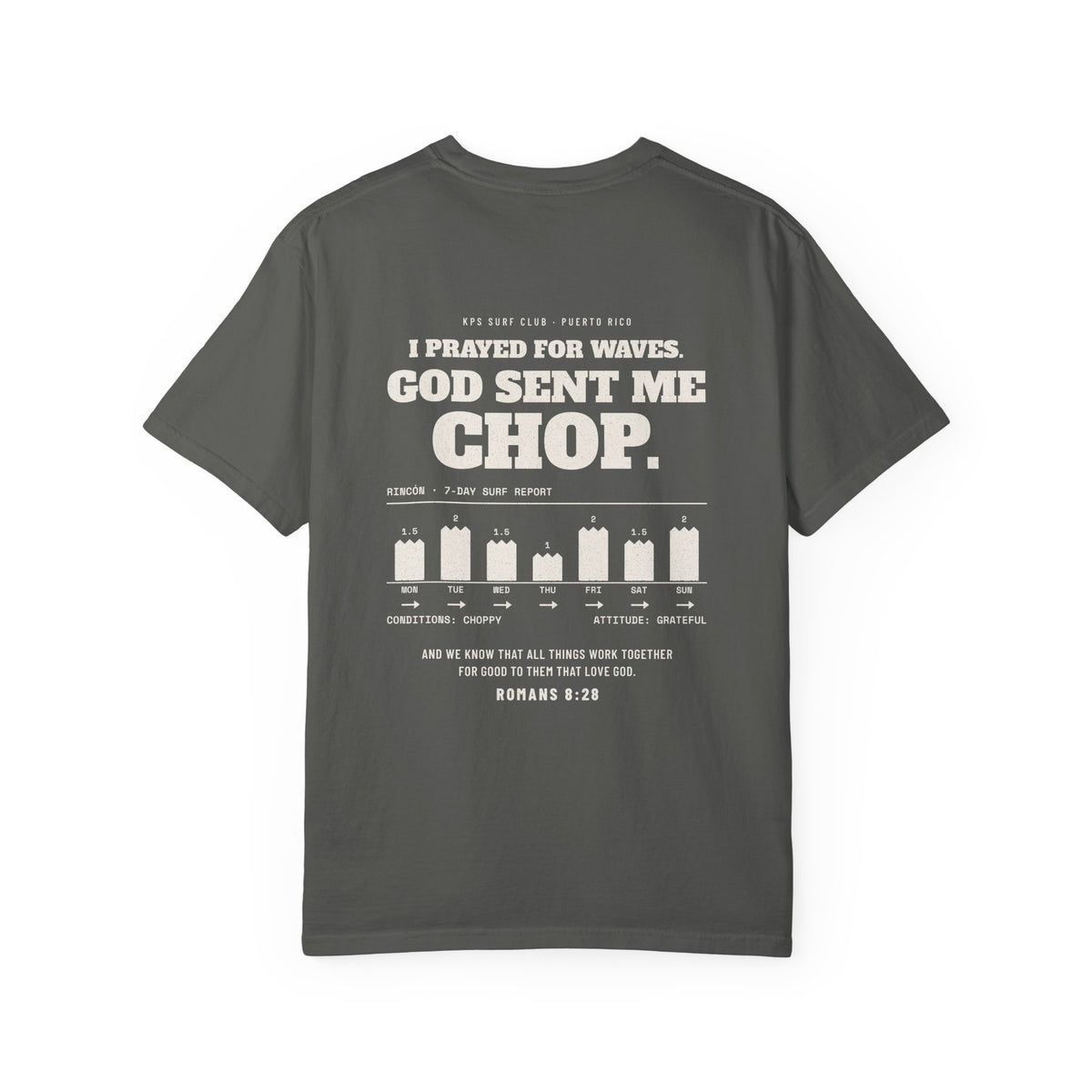 God Sent Me Chop Surf Tee, Pepper, back view, I PRAYED FOR WAVES. GOD SENT ME CHOP. Romans 8:28 (KJV)