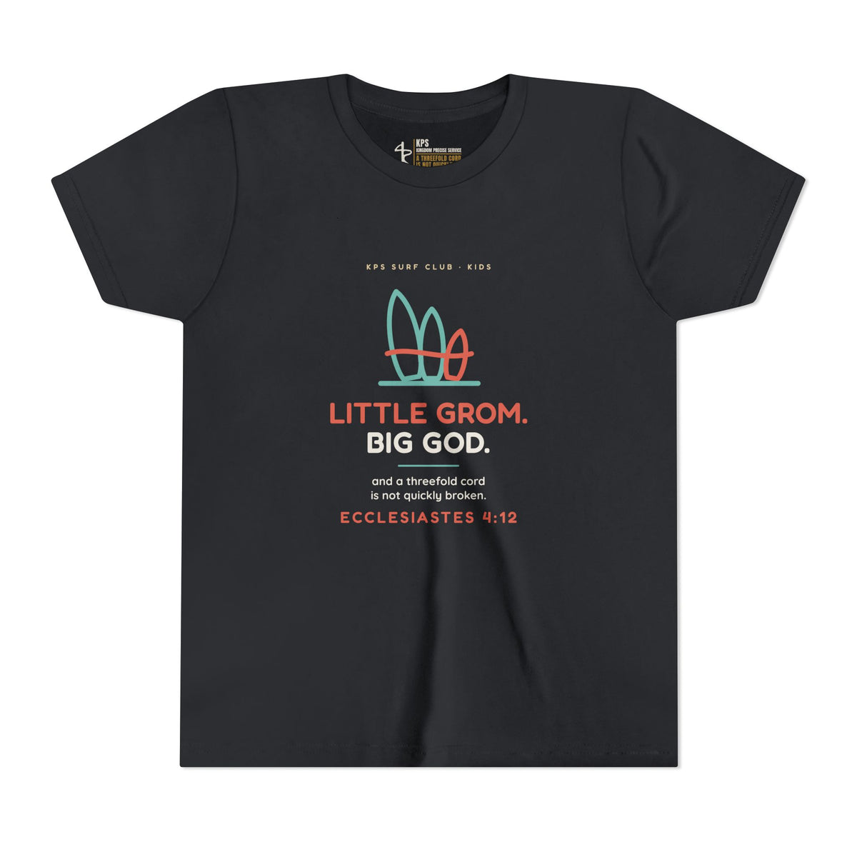 Little Grom. Big God. Youth Tee, Vintage Black, front view, LITTLE GROM. BIG GOD., Ecclesiastes 4:12 (KJV)