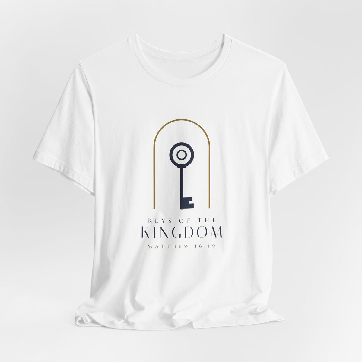 Keys of the Kingdom Tee, t-shirt, White, front view, styled flat lay, KEYS OF THE KINGDOM., Matthew 16:19 (KJV)