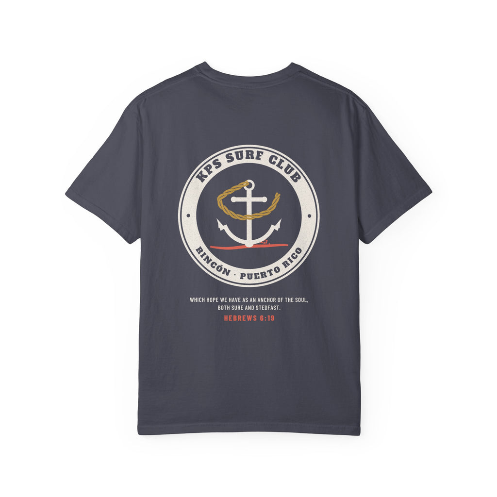KPS Surf Club Anchor Tee, Navy, back view, KPS SURF CLUB. Hebrews 6:19 (KJV)