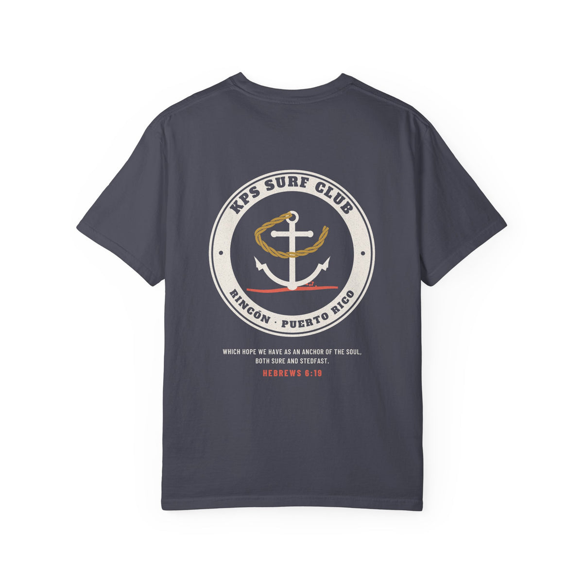 KPS Surf Club Anchor Tee, Navy, back view, KPS SURF CLUB. Hebrews 6:19 (KJV)