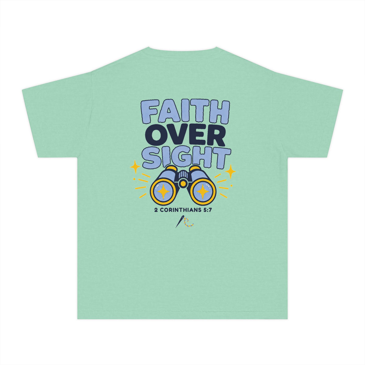 Faith Over Sight Youth Tee in Island Reef, back view: large FAITH OVER SIGHT. binoculars back print, 2 Corinthians 5:7 (KJV)