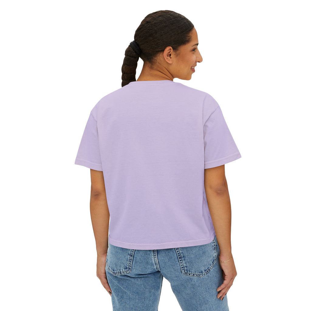 His Way Is Better Crop Tee, crop t-shirt, Orchid, back view, worn by a woman, HIS WAY IS BETTER., Isaiah 55:9 (KJV)
