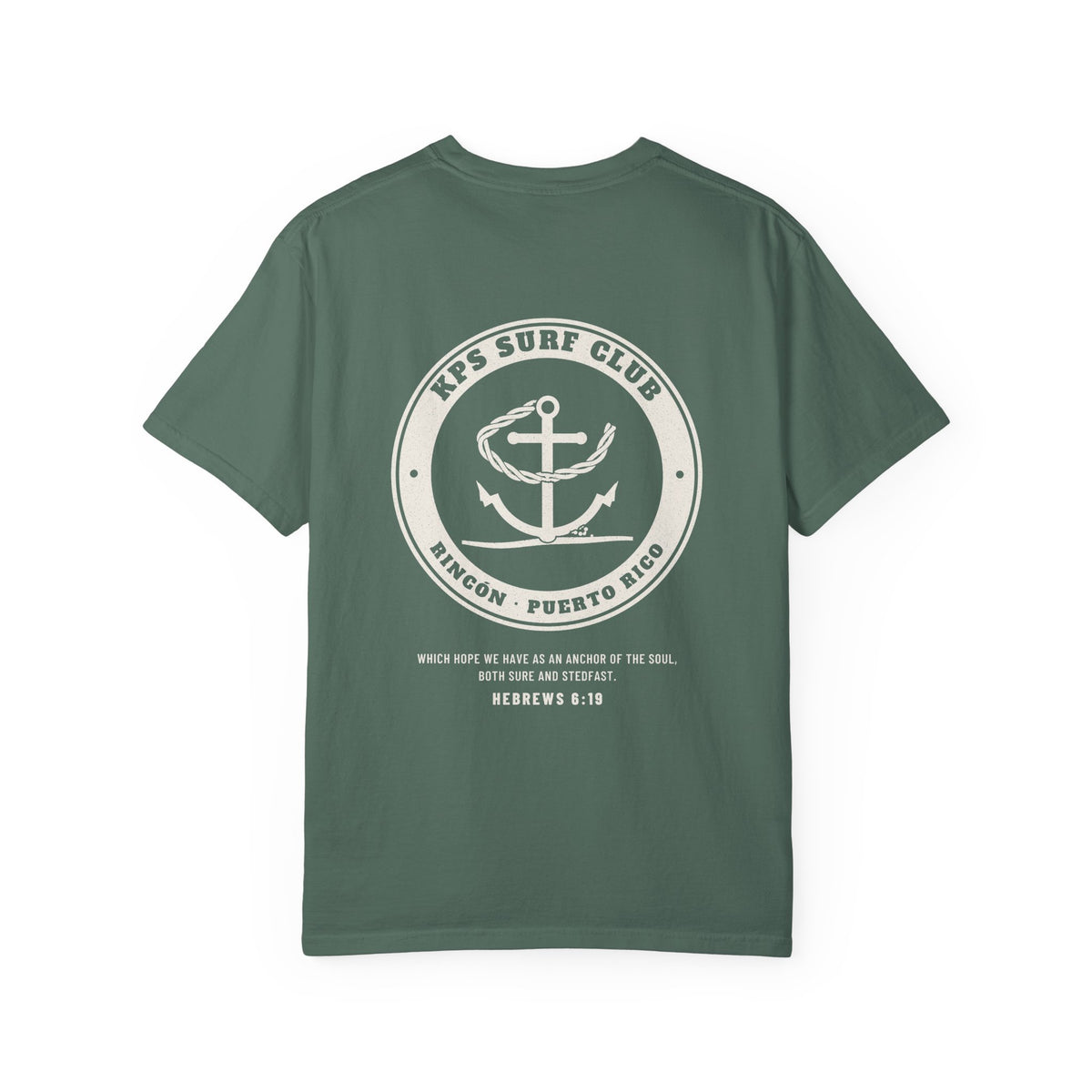 KPS Surf Club Anchor Tee, Blue Spruce, back view, KPS SURF CLUB. Hebrews 6:19 (KJV)