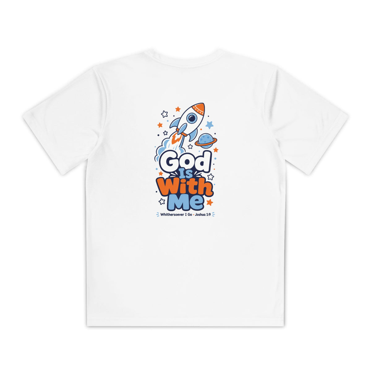 God With Me Youth Tee, youth tee, White, back view, rocket 'God Is With Me' back print, Joshua 1:9 (KJV)