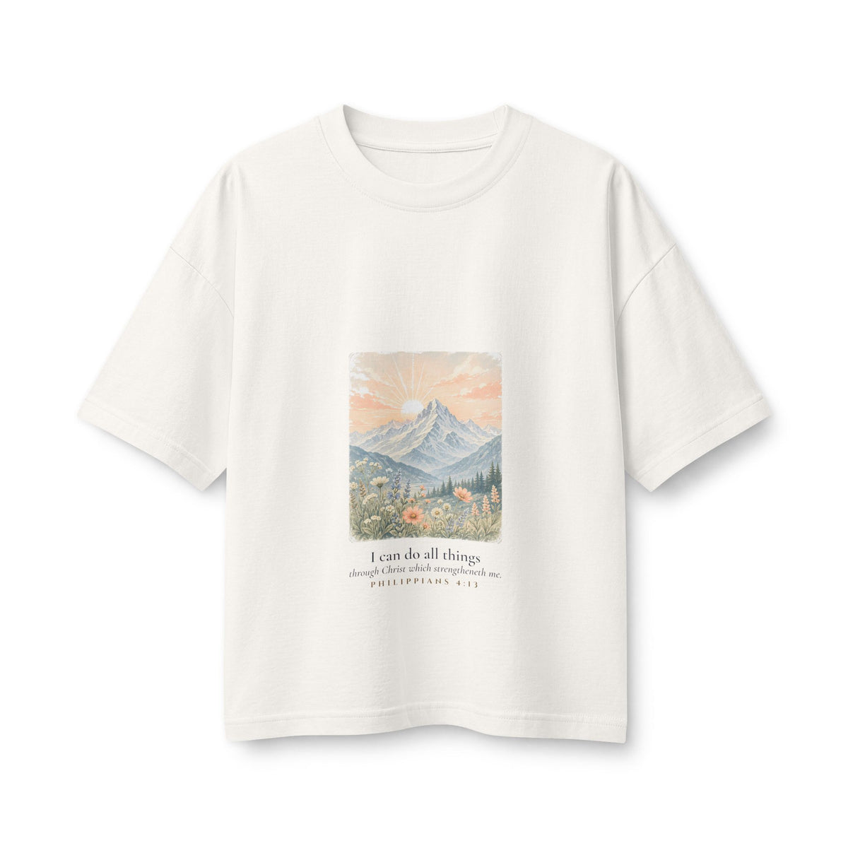 All Things Mountain Women's Boxy Tee, Vintage White, front view, ALL THINGS., Philippians 4:13 (KJV)