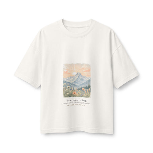 All Things Mountain Women's Boxy Tee, Vintage White, front view, ALL THINGS., Philippians 4:13 (KJV)
