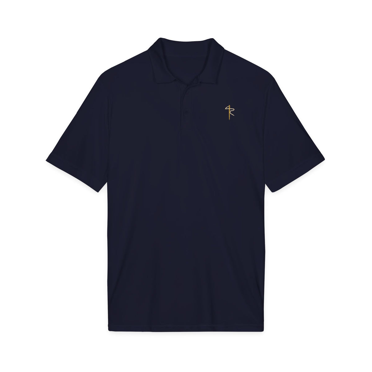 Embroidered Gold Cross Polo, polo shirt, True Navy, front view, THE CROSS., Galatians 6:14 (KJV)