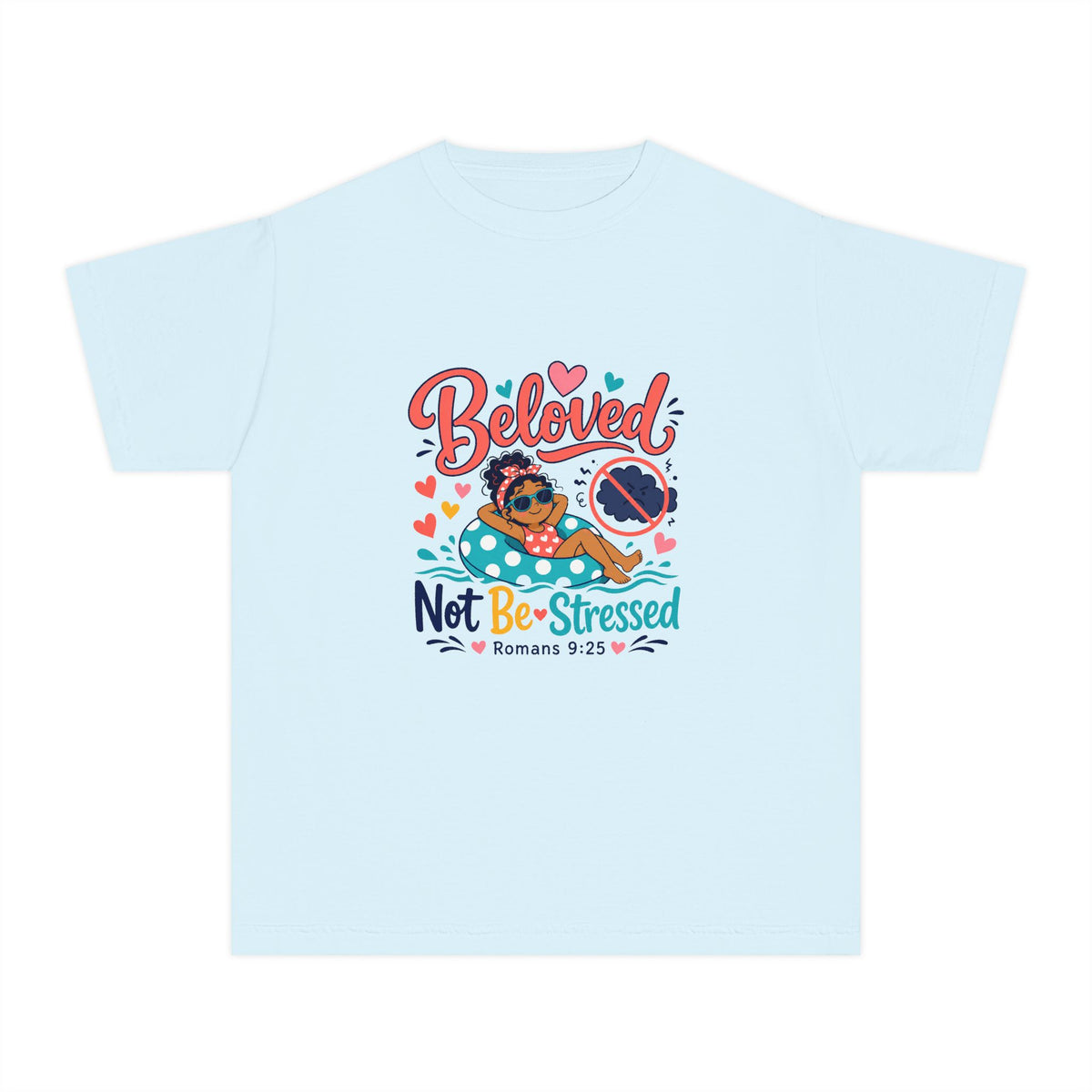 Beloved Youth Tee, kids' t-shirt, Chambray, front view, BELOVED. NOT BE-STRESSED., Romans 9:25 (KJV)