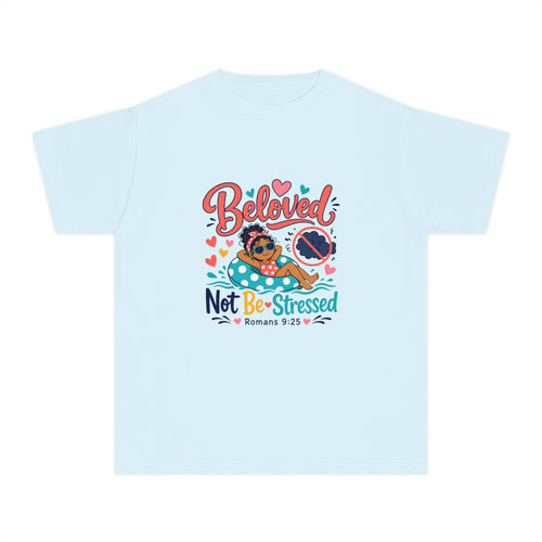 Beloved Youth Tee, kids' t-shirt, Chambray, front view, BELOVED. NOT BE-STRESSED., Romans 9:25 (KJV)