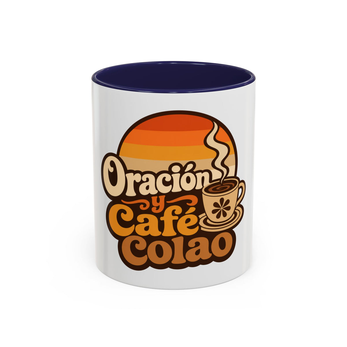 Oración y Café Colao Mug, mug, Navy inside and handle, front view, ORACIÓN Y CAFÉ COLAO., Psalm 5:3 (KJV)