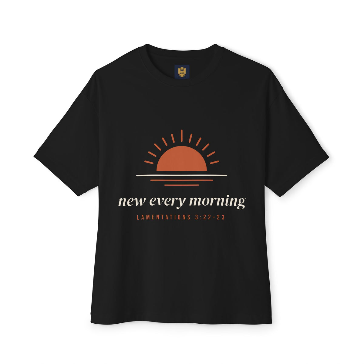 New Every Morning Tee, t-shirt, Black, front view, NEW EVERY MORNING., Lamentations 3:22–23 (KJV)