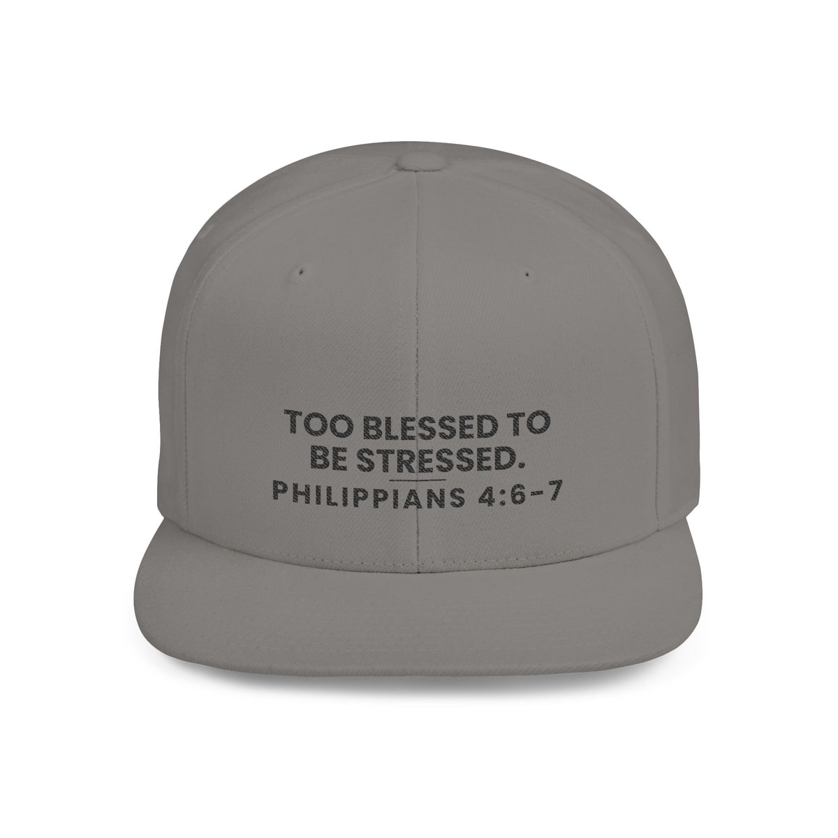 Too Blessed Snapback, Silver, front view, TOO BLESSED TO BE STRESSED., Philippians 4:6-7 (KJV)