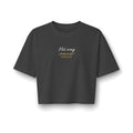 His Way Cropped Tee, Faded Black, front view, small chest print, HIS WAY., Isaiah 55:9 (KJV)