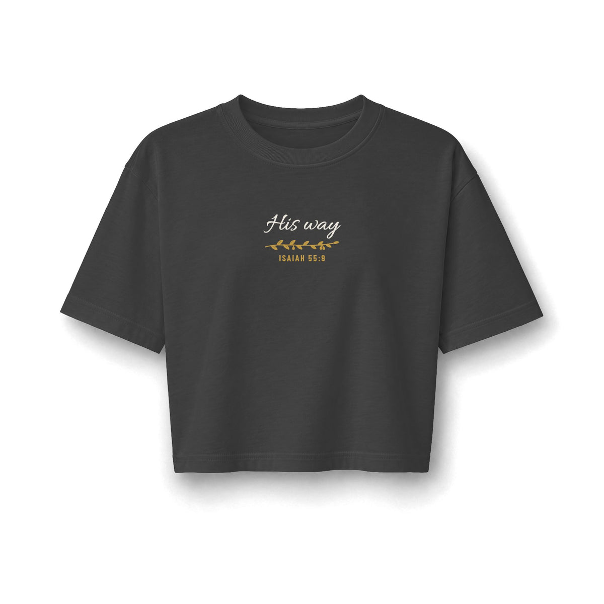 His Way Cropped Tee, Faded Black, front view, small chest print, HIS WAY., Isaiah 55:9 (KJV)