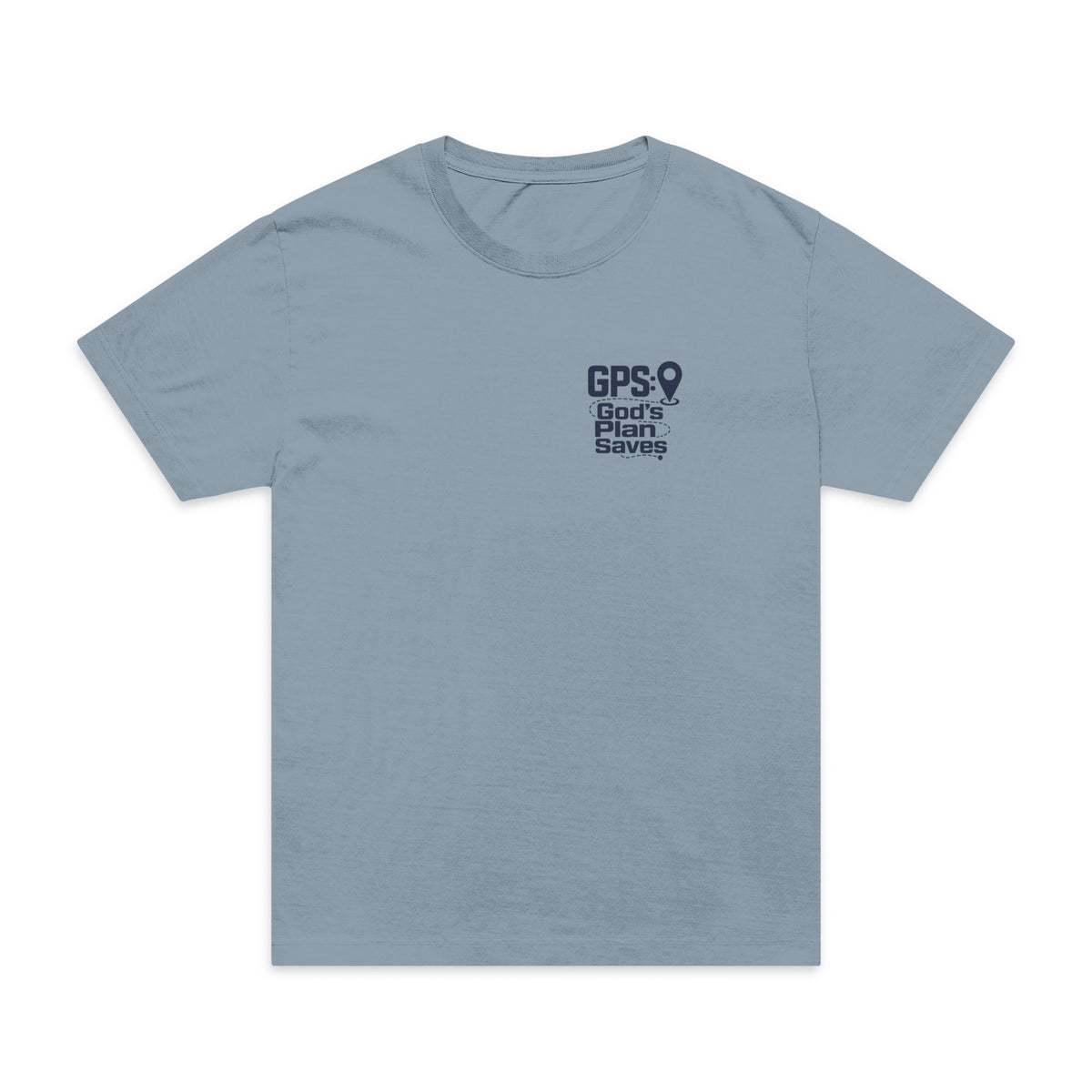 GPS: God's Plan Saves Pocket Tee in Light Washed Denim, front view, pocket print: GPS: GOD'S PLAN SAVES., Proverbs 3:5–6 (KJV)