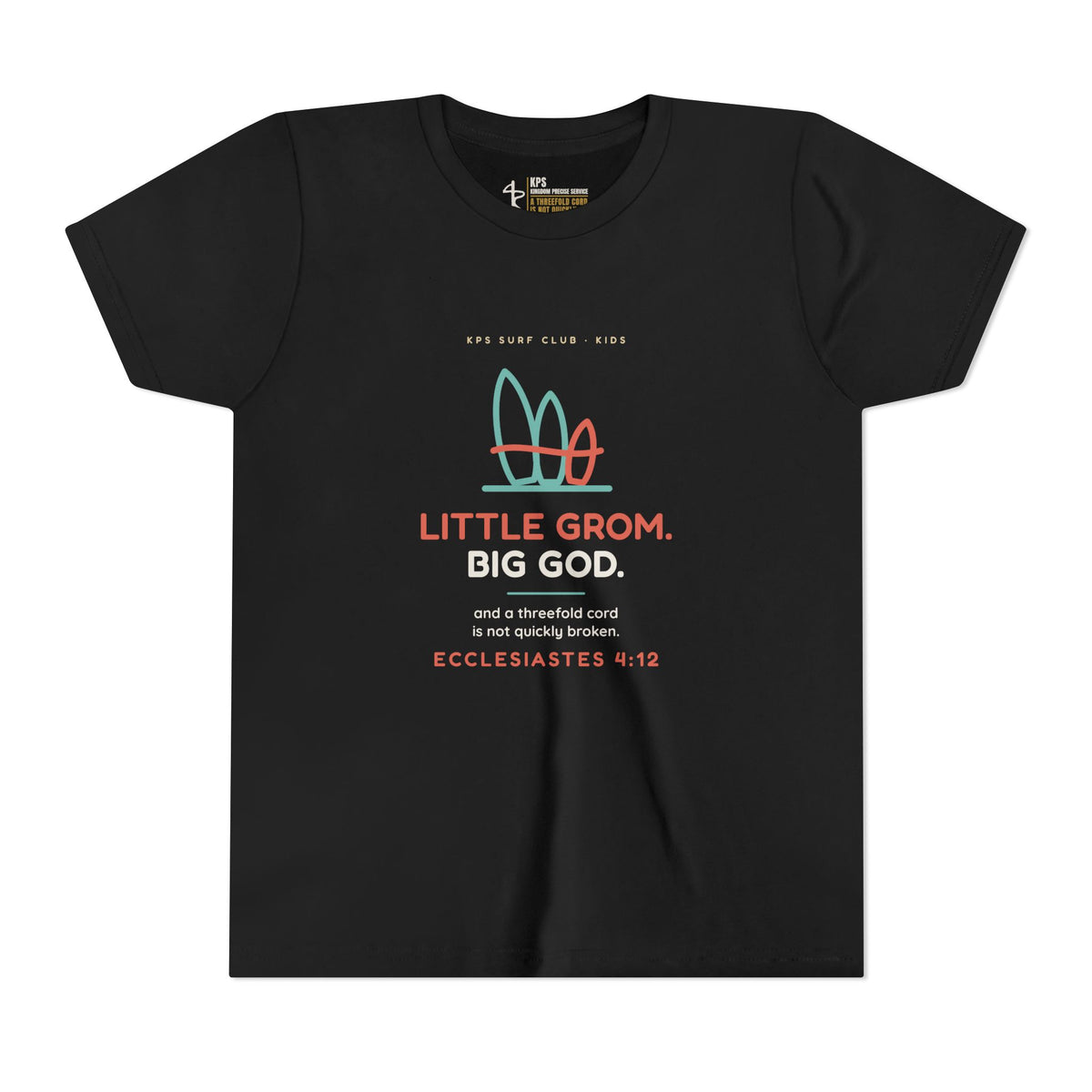 Little Grom. Big God. Youth Tee, Black, front view, LITTLE GROM. BIG GOD., Ecclesiastes 4:12 (KJV)