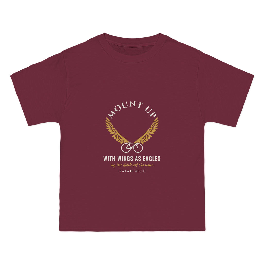 Mount Up (My Legs Didn't Get the Memo) Cycling Tee, Maroon, front view, MOUNT UP. (MY LEGS DIDN'T GET THE MEMO.) Isaiah 40:31 (KJV)