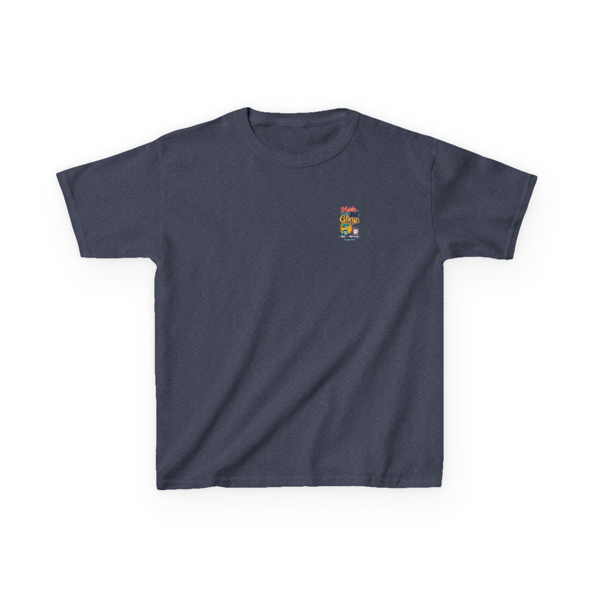 His Glory Kids Tee, kids' t-shirt, Heather Navy, front view, MADE FOR HIS GLORY… NOT FOR MORNINGS., Isaiah 43:7 (KJV)