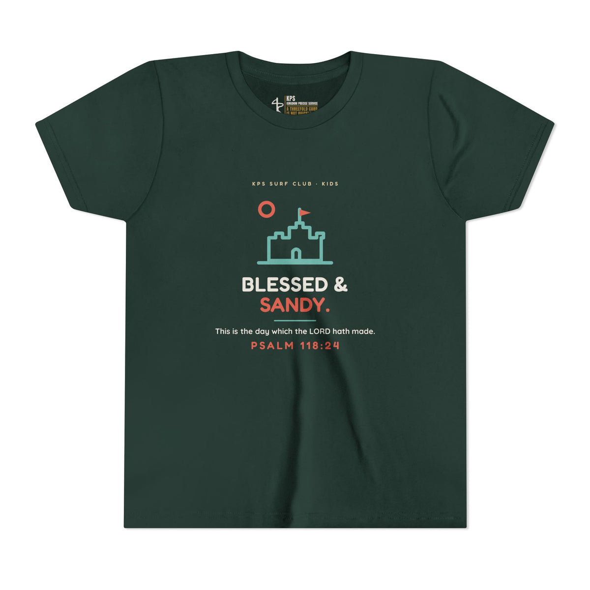 Blessed & Sandy Youth Tee, Forest, front view, BLESSED & SANDY., Psalm 118:24 (KJV)