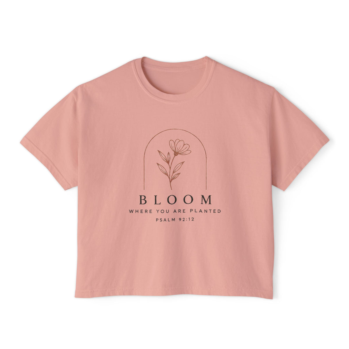Bloom Tee, t-shirt, Peachy, front view, BLOOM., Psalm 92:12 (KJV)