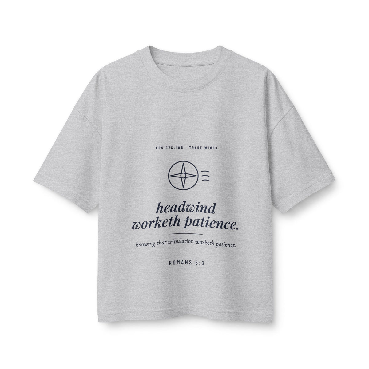Headwind Worketh Patience Women's Boxy Tee, Athletic Heather, front view, HEADWIND WORKETH PATIENCE. Romans 5:3 (KJV)