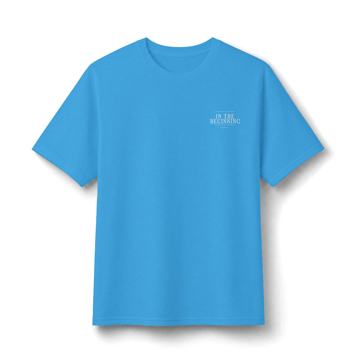 In The Beginning Tee in Aquatic Blue, front view: small IN THE BEGINNING chest print, Genesis 1:1 (KJV)
