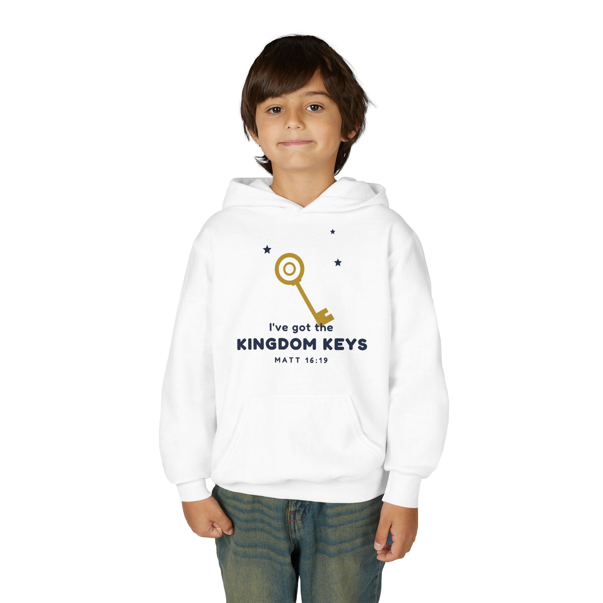 Kingdom Keys Youth Hoodie, kids' hoodie, White, front view, worn by a child, I'VE GOT THE KINGDOM KEYS., Matthew 16:19 (KJV)